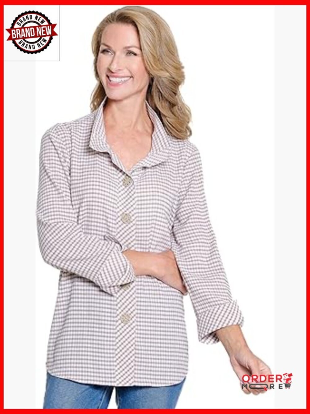 3/4 Sleeve Cuffed Button Front Shirt Wire Collar